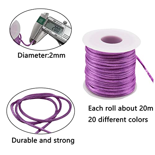 2mm Nylon Rattail Satin Silk Trim Cord 20 Colors 437 Yards Beading String for Friendship Bracelets, Necklaces, Jewelry Making, Chinese Knotting，Arts and Crafts (437)