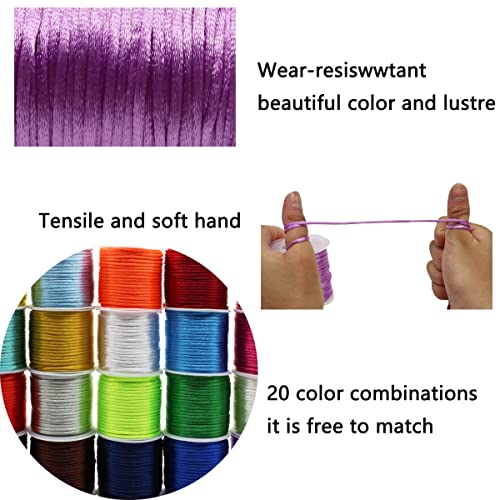 2mm Nylon Rattail Satin Silk Trim Cord 20 Colors 437 Yards Beading String for Friendship Bracelets, Necklaces, Jewelry Making, Chinese Knotting，Arts and Crafts (437)