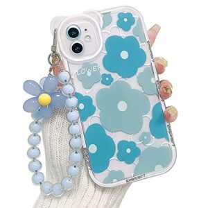 nititop compatible for iphone 11 case clear floral bear camera lens case with lovely flower bracelet chain for women girls, soft tpu shockproof protective -blue