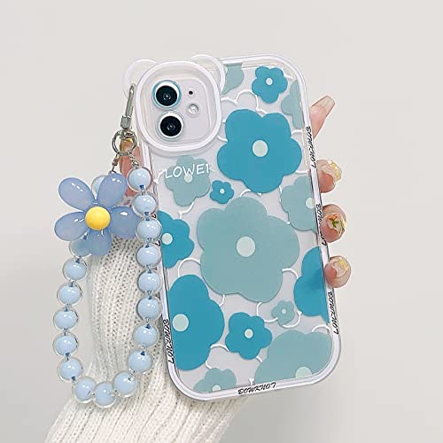 NITITOP Compatible for iPhone 11 Case Clear Floral Bear Camera Lens Case with Lovely Flower Bracelet Chain for Women Girls, Soft TPU Shockproof Protective -Blue