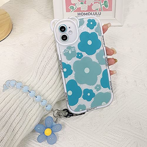 NITITOP Compatible for iPhone 11 Case Clear Floral Bear Camera Lens Case with Lovely Flower Bracelet Chain for Women Girls, Soft TPU Shockproof Protective -Blue