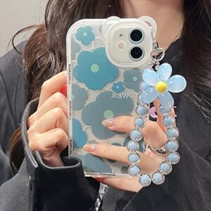 NITITOP Compatible for iPhone 11 Case Clear Floral Bear Camera Lens Case with Lovely Flower Bracelet Chain for Women Girls, Soft TPU Shockproof Protective -Blue