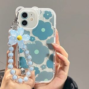 NITITOP Compatible for iPhone 11 Case Clear Floral Bear Camera Lens Case with Lovely Flower Bracelet Chain for Women Girls, Soft TPU Shockproof Protective -Blue