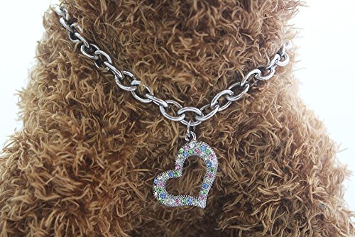 XKSRWE TM Dog Cat Chains Necklace Collar with Colourful Rhinestone Heart Charm Pendant Pet Jewelry Handmade Adjustable (L, Colorful)