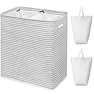 wowlive 115l freestanding laundry hamper divided collapsible large laundry basket 2 removeable liner bags dirty clothes hamper with extended handles easy to carry (striped grey)
