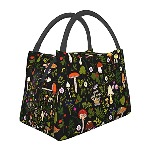 MOLIAN Mushrooms Fungi Nature Lunch Bag Insulated Lunch Box Cooler Tote Bag For Women Men Black