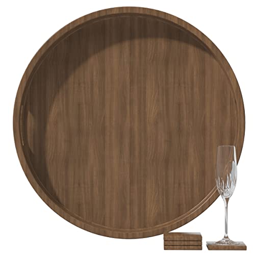 Nunemosk Walnut Wood Serving Tray with Handles 24 Inches Extra Large Round Ottoman Tray for Ottoman Coffee Table, Used in Bedroom, Living Room, Kitchen, Bathroom, Hospital and Outdoors