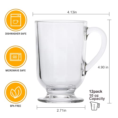 Cadamada 10oz Glass Coffee Mugs,Coffee Mugs with Handle Set of 12,Glass Drinking Beverage Cups for Latte, Cappuccino, Tea, Fruit Juice, Water, Office(12pcs)