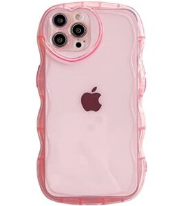 qokey for iphone 13 pro max case(2021 6.7"), cute clear love case, with love-heart camera frame wavy edge transparent full protection soft tpu shockproof phone cases cover for women girls pink