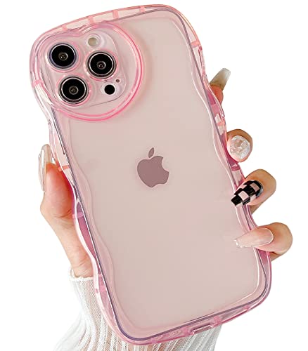 Qokey for iPhone 13 Pro Max Case(2021 6.7"), Cute Clear Love Case, with Love-Heart Camera Frame Wavy Edge Transparent Full Protection Soft TPU Shockproof Phone Cases Cover for Women Girls Pink