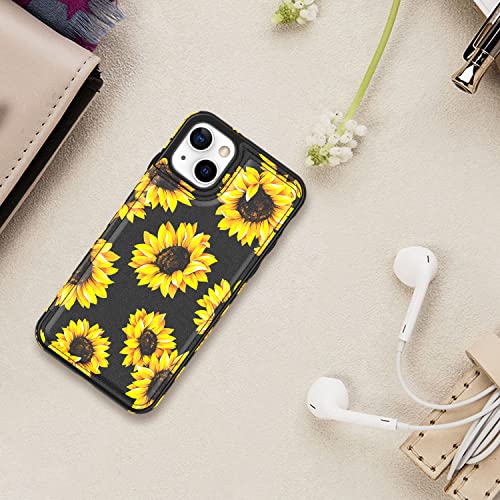 LETO iPhone 14 Case,Flip Folio Leather Wallet Case Cover with Fashion Flower Designs for Girls Women,Built-in Card Slots Kickstand Protective Phone Case for iPhone 14 6.1" Blooming Sunflowers