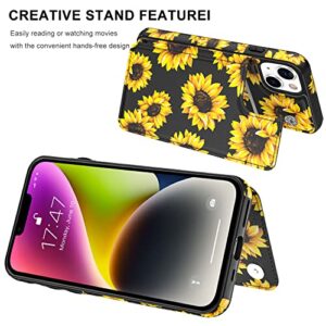 LETO iPhone 14 Case,Flip Folio Leather Wallet Case Cover with Fashion Flower Designs for Girls Women,Built-in Card Slots Kickstand Protective Phone Case for iPhone 14 6.1" Blooming Sunflowers
