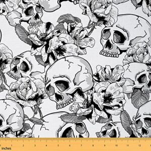 erosebridal sugar skull upholstery fabric, retro floral fabric by the yard, halloween gothic theme decorative fabric, hand drawn skeleton bones waterproof fabric, black white, 1 yard