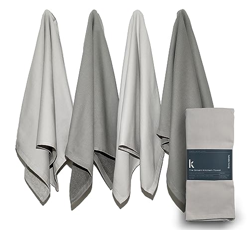 KOHDA LIVING Premium Silver Infused Kitchen Towels - 100% Organic Cotton Dish Towels - Odor Controlled Tea Towels (Pack of 4) Absorbent Kitchen Hand Towels Gray