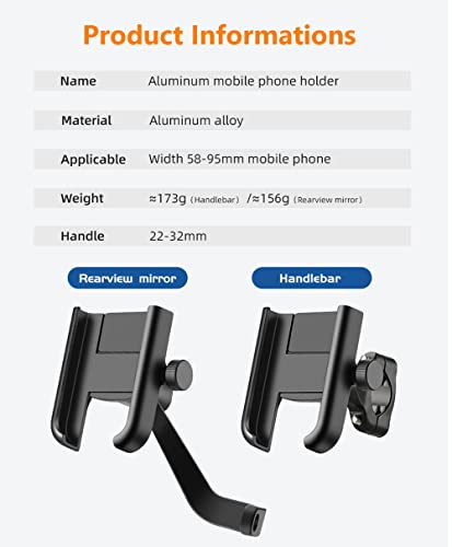 UBeesize Motorcycle Rearview Mirror Phone Mount, Cell Phone Holder for Motor Full Aluminum Alloy Universal Smartphone Holder Mount【Φ10mm】 for iPhone, Galaxy, Google Holds Phones Width Up to 3.7”