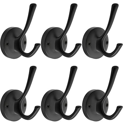 TOFIIGREM Black Wall Hooks, 6 Pack Coat Robe Hook Heavy Duty Metal Double Bath Hook Wall Mounted, Hand Towel Hooks for Cubicle Bathroom Kitchen Closet Garage