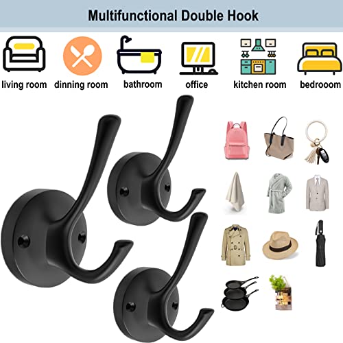 TOFIIGREM Black Wall Hooks, 6 Pack Coat Robe Hook Heavy Duty Metal Double Bath Hook Wall Mounted, Hand Towel Hooks for Cubicle Bathroom Kitchen Closet Garage