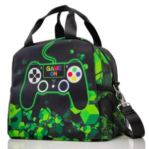 video game lunch bag insulated lunch box small lunch tote bags with water bottle holder, adjustable & removable shoulder strap lunch box