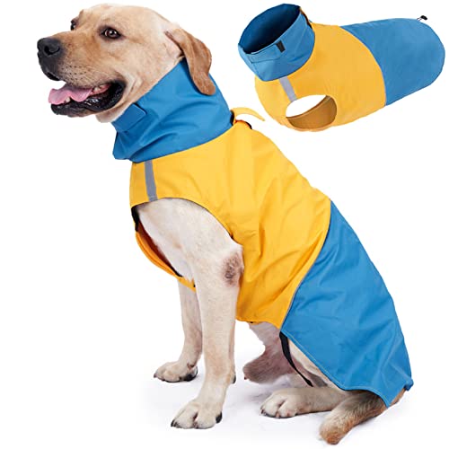 ROZKITCH Dog Jacket Waterproof Dog Raincoat with Harness Opening & Reflective Strip for Small Medium Large Dog, Windproof Adjustable Rainwear with Hook&Loop Closure, Pet Vest Blue-Yellow 3XL