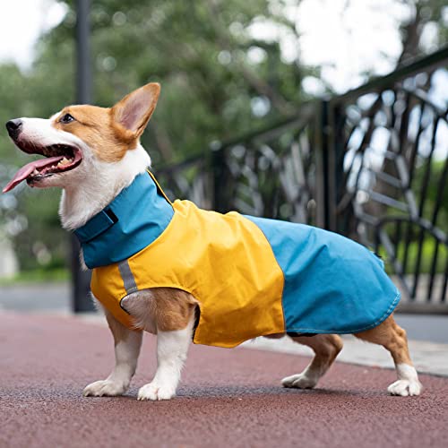 ROZKITCH Dog Jacket Waterproof Dog Raincoat with Harness Opening & Reflective Strip for Small Medium Large Dog, Windproof Adjustable Rainwear with Hook&Loop Closure, Pet Vest Blue-Yellow 3XL