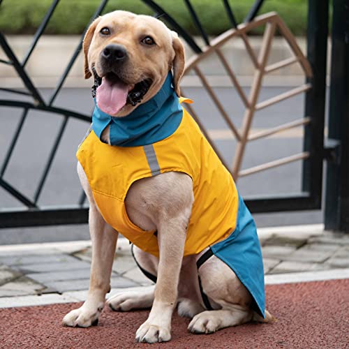 ROZKITCH Dog Jacket Waterproof Dog Raincoat with Harness Opening & Reflective Strip for Small Medium Large Dog, Windproof Adjustable Rainwear with Hook&Loop Closure, Pet Vest Blue-Yellow 3XL