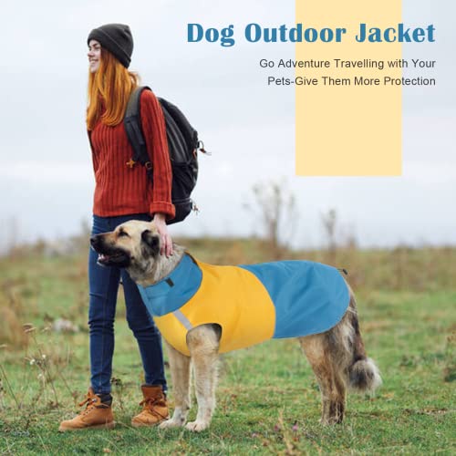 ROZKITCH Dog Jacket Waterproof Dog Raincoat with Harness Opening & Reflective Strip for Small Medium Large Dog, Windproof Adjustable Rainwear with Hook&Loop Closure, Pet Vest Blue-Yellow 3XL