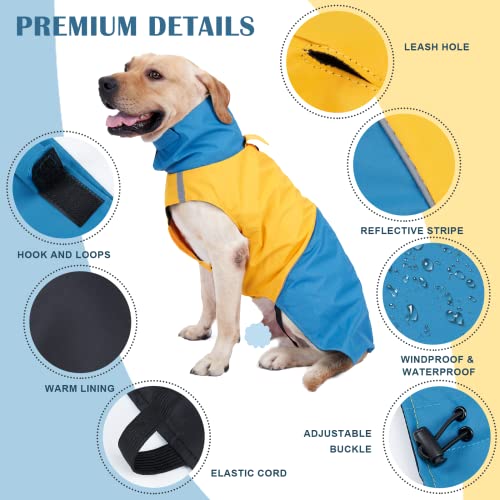 ROZKITCH Dog Jacket Waterproof Dog Raincoat with Harness Opening & Reflective Strip for Small Medium Large Dog, Windproof Adjustable Rainwear with Hook&Loop Closure, Pet Vest Blue-Yellow 3XL