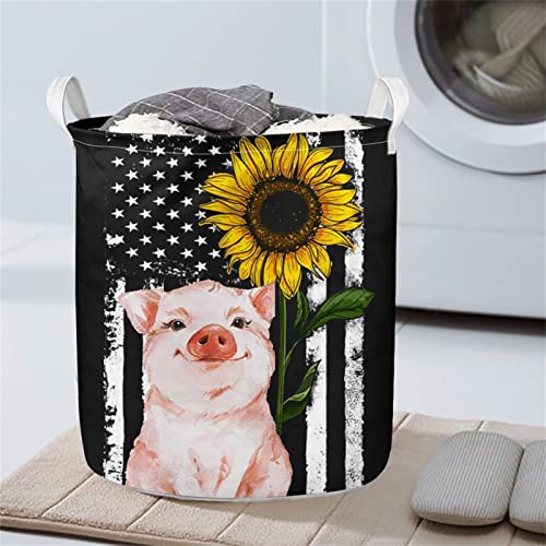 LJMKZJN American Flag Sunflowers Pig Laundry Basket Thickened Large Sized with Durable Handle, Drawstring Round Linen Collapsible Storage Basket,Dirty Clothes Hamper for Bedroom (18.5x16.1 Inch)