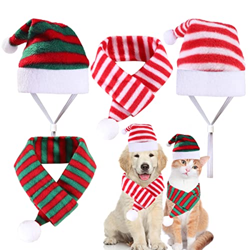 4 Pack Cat Santa Hat with Scarf Dog Christmas Hat and Scarf Striped Christmas Costumes for Small Dogs Cats