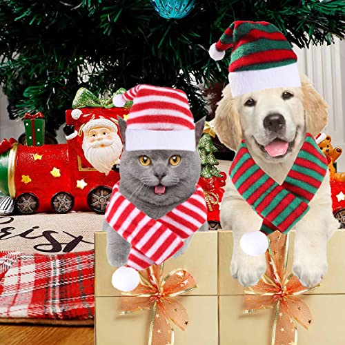 4 Pack Cat Santa Hat with Scarf Dog Christmas Hat and Scarf Striped Christmas Costumes for Small Dogs Cats