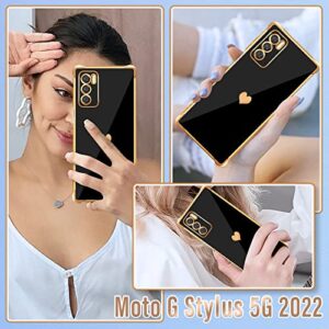 Likiyami (2in1 for Motorola Moto G Stylus 5G 2022 Case Heart Women Girls Girly Cute Luxury Pretty Aesthetic Phone Cases Black and Gold Love Hearts Cover+Screen+Chain for Moto G Stylus 5G 2022 6.8"