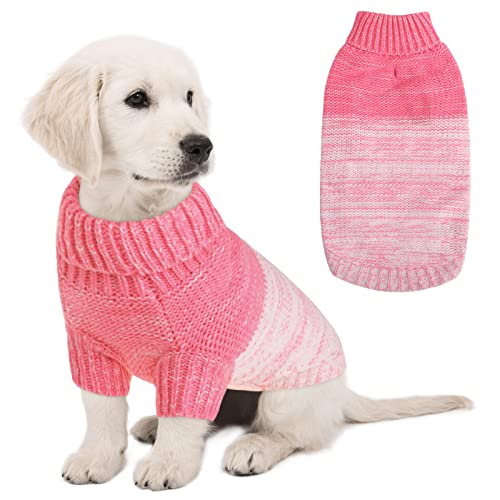 Queenmore Knitted Pullover Dog Sweater, Turtleneck Pet Cat Sweater, Cold Weather Puppy Clothes Stitching Knitwear with Leash Hole for Small Medium Dogs（Pink,L）