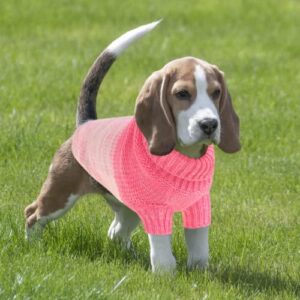 Queenmore Knitted Pullover Dog Sweater, Turtleneck Pet Cat Sweater, Cold Weather Puppy Clothes Stitching Knitwear with Leash Hole for Small Medium Dogs（Pink,L）