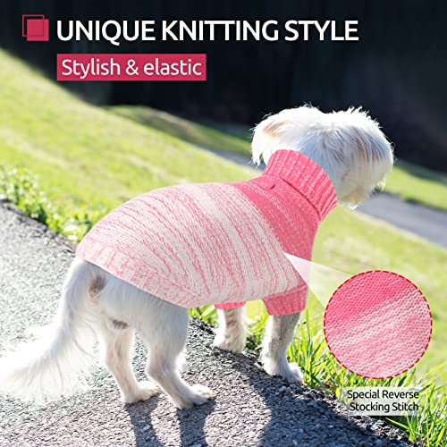 Queenmore Knitted Pullover Dog Sweater, Turtleneck Pet Cat Sweater, Cold Weather Puppy Clothes Stitching Knitwear with Leash Hole for Small Medium Dogs（Pink,L）