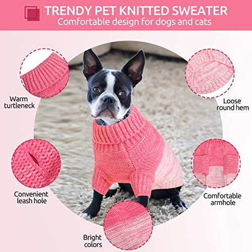 Queenmore Knitted Pullover Dog Sweater, Turtleneck Pet Cat Sweater, Cold Weather Puppy Clothes Stitching Knitwear with Leash Hole for Small Medium Dogs（Pink,L）