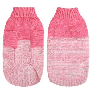 Queenmore Knitted Pullover Dog Sweater, Turtleneck Pet Cat Sweater, Cold Weather Puppy Clothes Stitching Knitwear with Leash Hole for Small Medium Dogs（Pink,L）