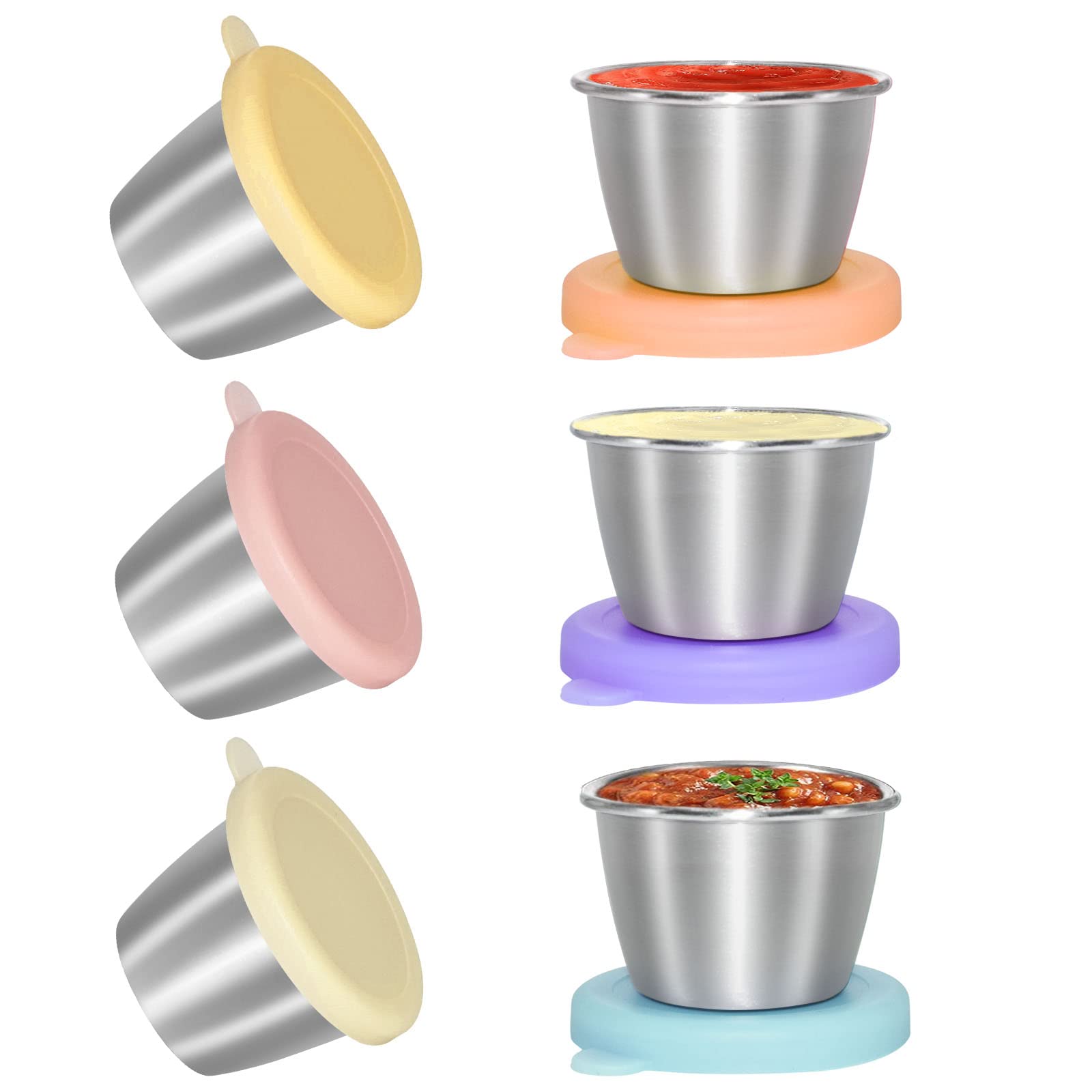 Engorgio Stainless Steel Salad Dressing Container to go 2.1oz 6pcs, Mini Condiment Containers with Leakproof Silicone Lids, for Lunch Box Picnic Travel and Kids