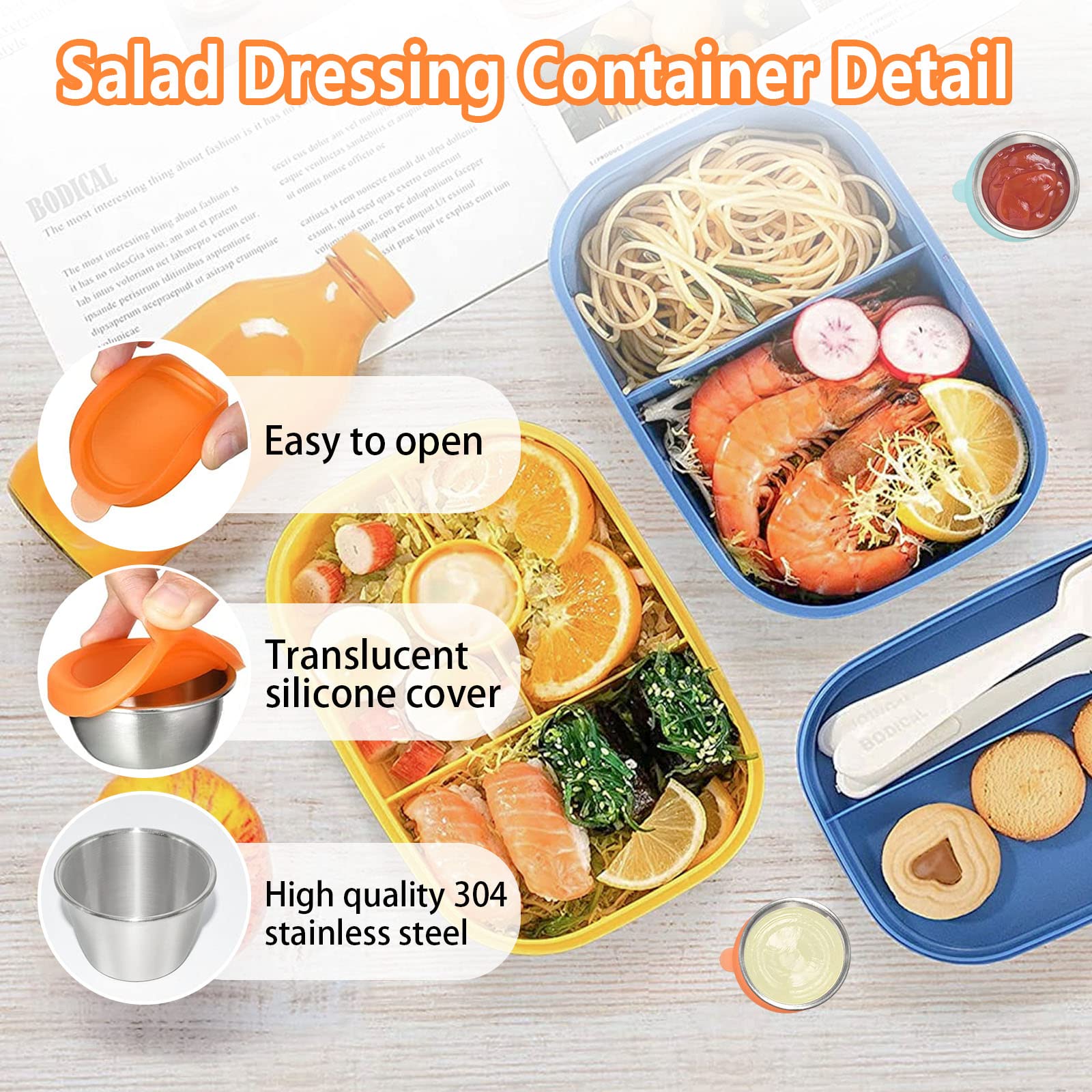 Engorgio Stainless Steel Salad Dressing Container to go 2.1oz 6pcs, Mini Condiment Containers with Leakproof Silicone Lids, for Lunch Box Picnic Travel and Kids