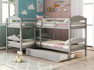 quad bunk bed with trundle l-shape bunk bed twin over twin corner bunk bed for 4 or 5 kids boys girls teens, gray