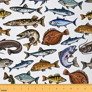 fish upholstery fabric, ocean animal fabric by the yard, wild sea fish decorative fabric, coloured fishing indoor outdoor fabric, diy art waterproof fabric for quilting sewing, brown blue, 1 yard