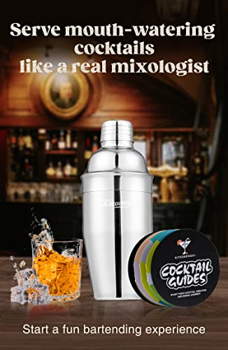 KITESSENSU Cocktail Shaker, 18oz Martini Shaker with Strainer, Premium 18/8 Stainless Steel Cobbler Drink Shaker, Recipes Booklet Included