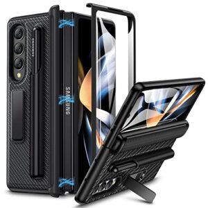 caka case compatible for z fold 4 case, galaxy z fold 4 case with s pen holder glass screen protector kickstand magnetic hinge protection phone case for samsung z fold 4 5g 2022, carbon fiber black