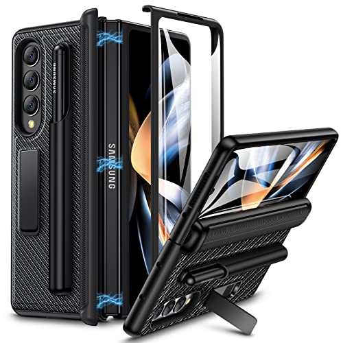 Caka Case Compatible for Z Fold 4 Case, Galaxy Z Fold 4 Case with S Pen Holder Glass Screen Protector Kickstand Magnetic Hinge Protection Phone Case for Samsung Z Fold 4 5G 2022, Carbon Fiber Black