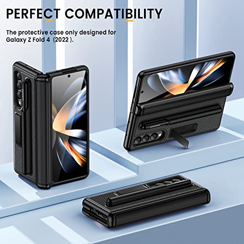 Caka Case Compatible for Z Fold 4 Case, Galaxy Z Fold 4 Case with S Pen Holder Glass Screen Protector Kickstand Magnetic Hinge Protection Phone Case for Samsung Z Fold 4 5G 2022, Carbon Fiber Black