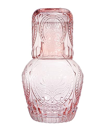 RockTrend Retro Relief Glass Bedside Night Water Carafe with Tumbler Glass, Pitcher And Cup Night Set-Pink