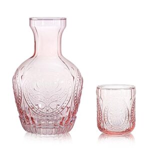 RockTrend Retro Relief Glass Bedside Night Water Carafe with Tumbler Glass, Pitcher And Cup Night Set-Pink