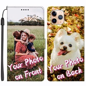 Unique-Custom-Gift Personalized Photo Premium PU Leather Wallet Phone Case with Kickstand and Flip Cover for Apple iPhone 5S 6S 7 8 Plus SE XR XS 11 12 13 Pro Max, Customize Picture on Front and Back