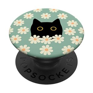 floral retro aesthetic cute black cat hiding in daisy flower popsockets swappable popgrip