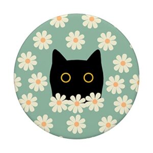 Floral Retro Aesthetic Cute Black Cat Hiding In Daisy Flower PopSockets Swappable PopGrip