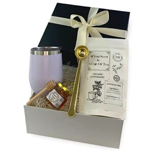 tea lover gift box | tumbler gift set | tea gift basket | hot & cold tumbler 12 oz, measuring clipping spoon and option of organic coffee and organic tea available (tea gift set - white)